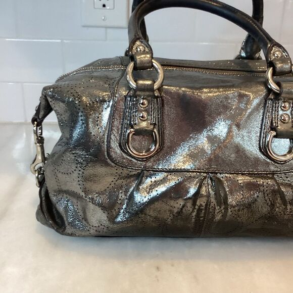 Coach Ashley Perforated Metallic Silver Leather Satchel Handbag RARE - Picture 6 of 15